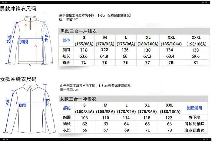 男款沖鋒衣尺碼表